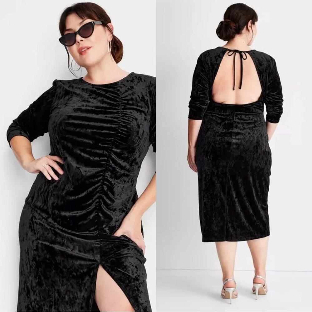 Future Collective Black Velvet Ruched Long Sleeve Open Back Dress Size L